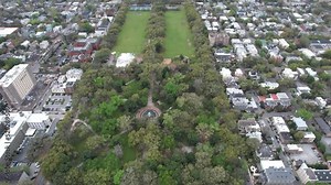 Aerial drone view of Forsythe Park in Savannah, Georgia, one of the city's most popular parks and attracts locals and tourists