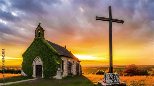 Irish church at sunset with cross