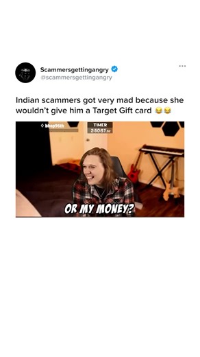 @scammersgettingangry on Instagram: "This video captures the intense rage of a phone scammer who completely loses his mind when his plan to steal gift cards fails! 🤬📞 The clip features a streamer who is calmly sitting and laughing while the scammer on the other end screams a barrage of vile insults at her. He repeatedly yells, “You motherf**ing btch!” and “Are you sending your money or my money?” because she refuses to send him a Target Gift Card. 💳🚫 The scammer is so entitled that he genuin