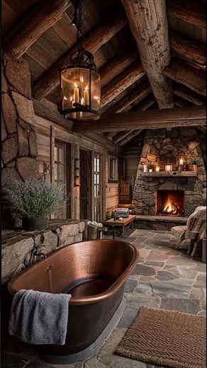 Rustic Spa Bathroom: Copper Tub, Stone & Wood Design #RusticLuxury #CozySpa