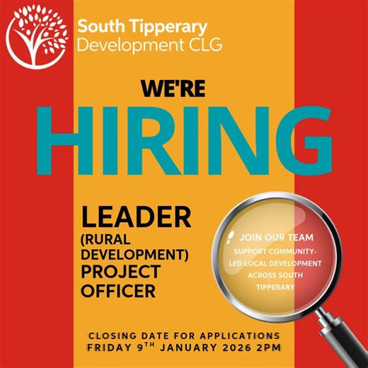 We’re Hiring | LEADER Project Officer - CLOSING THIS FRIDAY! South Tipperary Development CLG (STDC) is recruiting a LEADER Project Officer to join our team and support community-led local development across South Tipperary. The LEADER Programme funds projects that make a real difference to rural communities. In this role, you’ll work closely with local groups, individuals and businesses – helping turn ideas into funded projects that support: Economic development Rural infrastructure and social i