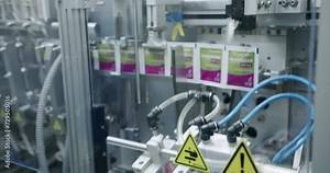 Manufacturing line at medical factory. Packaged goods at automated production line. Medical factory assembly line packing medicine machine. Production line of pharmaceutical manufacturing.