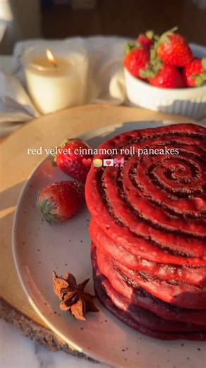 @veggieworldrecipes ♥️Red Velvet Cinnamon Roll Pancakes♥️ These red velvet cinnamon roll pancakes might be the most perfect breakfast to make for Valentine’s Day🥰 ✨Pancakes 1 cup all-purpose flour (120g) 1 tbsp Dutch processed cocoa powder 2 tsp baking powder 1 tbsp sugar 1 tbsp coconut oil⁣ 1 cup dairy-free milk (I used canned coconut milk from @edwardandsons ) 1 tsp vanilla extract pinch of salt 1/2 tsp red dye (you can also use beetroot powder, but the color won’t be as bright) ✨Cinnamon Fil
