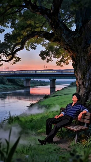 Calm nature scenes with train and river." Or even shorter: "Peaceful forest and flowing water