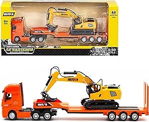 Gemini&Genius Flat Trailer Excavator Toys Set for Kids, Heavy Duty Alloy Construction Vehicle Toys, 1:50 Scale 13" Length Diecast Trailer Truck, Truck with Digger Set for Kids (2 in 1)