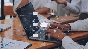 Document management concept. Virtual screen icons Document Management System DMS Online document database, software for efficient archiving, searching and management of company files and data.