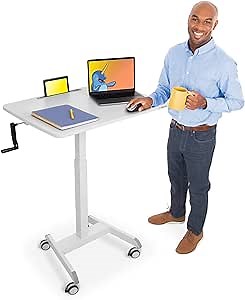 Stand Steady Cruizer Extra Large Mobile Podium | 31in Portable Standing Desk | Crank Height Adjustable Computer Cart with Locking Wheels | Rolling Laptop Stand (White / 31in x 23in)