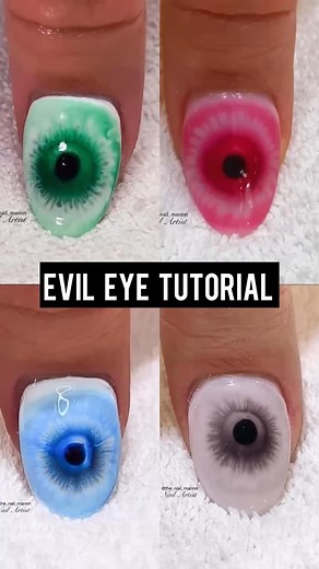 ✨ Evil Eye Nail Art — 4 Color Variations 🧿 🎥 by @the_nail_mannn Simple, hypnotic and so satisfying to create! Easy DIY steps: 1️⃣ Apply blooming gel (do not cure) 2️⃣ Add a color dot using a nail dotter 3️⃣ Dip the dotter into isopropyl alcohol 4️⃣ Touch the center of the dot 5️⃣ Watch the magic happen ✨ then cure for 60 sec 6️⃣ Finish with gel top coat Save this tutorial and try it with your favorite shades 💙❤️🖤💚 #evileyenails #nailtutorial #bloominggel #nailartideas #nailinspo | Nail art