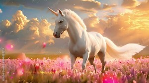 Unicorn in magical fantasy landscape pink neon colors. Unicorn concept, magic design with stars and pastel sky 4k video Soft background beauty spark 4k
