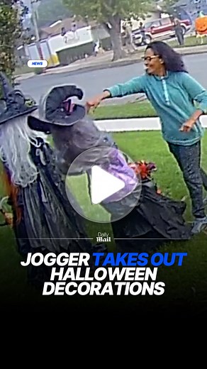 An unhinged female jogger has left a California family feeling uneasy after she punched their Halloween decorations in two 'creepy' attacks. Ten days after the first attack, the jogger was caught on camera attacking the witches again. Grandmother Tonyia Sampognaro said she found it strange that the woman has only vandalized her witches. Read more on DailyMail. | Daily Mail Video