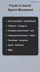 10K views · 56 reactions | Boost your fertility naturally! In this video, we’ve shared the best foods to improve sperm motility and overall male reproductive health. Watch now and take the first step toward a healthier you!#MaleFertility #SpermHealth #SpermMotility #HealthyLiving #FertilityFoods #MensHealth #NutritionForMen #BoostFertility #ReproductiveHealth #NaturalRemedies | Dr. Rabia Nosheen | Facebook