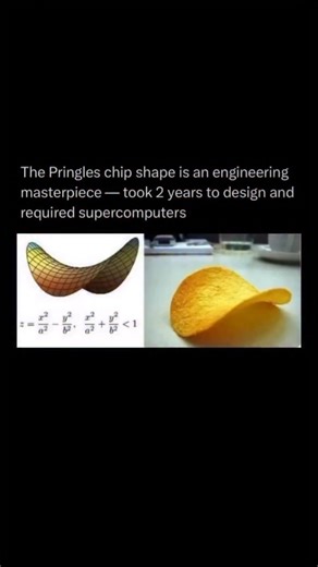 Uncover_Ink on Instagram: "Pringles didn’t get their shape by accident. The curved chip is a hyperbolic paraboloid, a mathematical form chosen for very specific engineering reasons. It took about two years of research and computer modelling to perfect, using advanced computing to test how the chip would stack, ship, and break. The saddle shape naturally centres itself, which makes the chips easy to stack uniformly inside the can. At the same time, the geometry causes the chip to fracture unpredi