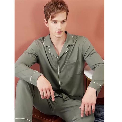 Long Sleeve Pyjama Set Organic Cotton Men's Pajamas Sets Sustainable Mens Night Suit Custom Button up Sleepwear for Men