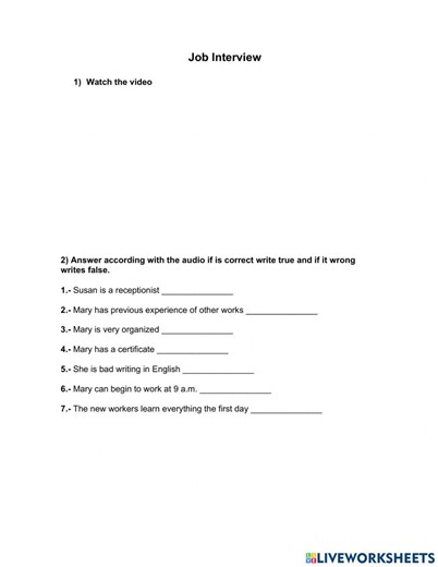 Job Interview online pdf worksheet