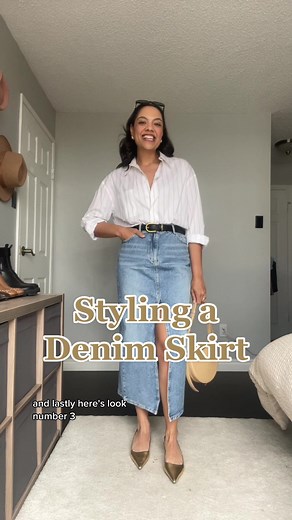 Styling a denim skirt 3 ways for spring! #fashiontiktok #styleinspo #milennialfashion #millennialsoftiktok #styletips #fashionhelp #stylehelp #fashionupdate #denimskirtoutfit