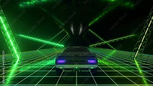 3d cyberpunk retro style. Synthwave. The car is driving in the neon tunnel. Seamless loop 3d render