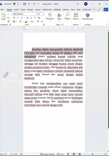 Mau bikin tulisan lebih variatif tanpa ribet? Dengan fitur Parafrase di Add-in TemanKampus, kamu bisa blok kalimat, pilih gaya bahasa, lalu hasil parafrase otomatis masuk ke Word. Cocok untuk mahasiswa dan dosen yang ingin menulis lebih rapi, akademis, atau santai sesuai kebutuhan. Tag: parafrase, #Wordtutorial, #TemanKampus, tips mahasiswa, tips dosen, dokumen akademik, #FYP, shorts, reels