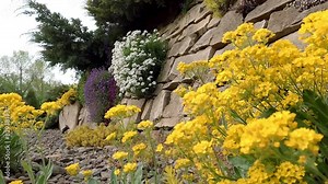 Blooming of white Phlox subulata (creeping phlox) flowers on the stone wall among yellow flowers in the foreground. Wonderful floral background. 4K forward video (Ultra High Definition).