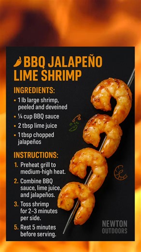 🔥 BBQ Jalapeño Lime Shrimp Bright lime, spicy jalapeño, and smoky BBQ sauce come together to make these shrimp pop with fresh, fire-kissed flavor. Fast, zesty, and perfect for grilling. Ingredients: • 1 lb large shrimp, peeled & deveined • ¼ cup BBQ sauce • 2 tbsp lime juice • 1 tbsp chopped jalapeños • Salt & pepper Instructions: 1. Preheat grill to medium-high heat. 2. Mix BBQ sauce, lime juice, and jalapeños. 3. Toss shrimp in the mixture to coat. 4. Grill 2–3 minutes per side until lightly 