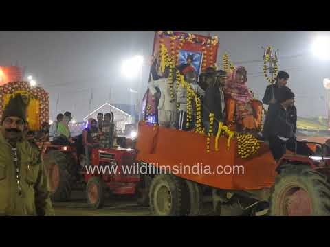 A powerful procession of Naga Sadhus during the Maha Kumbh Mela in Prayagraj
