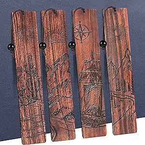 4Pcs Wood Bookmark for Men Father's Day, Adventure Wooden Carving Book Mark Vintage Bookmark for Men Boy Book Lovers Birthday Present Students Teachers Appreciation