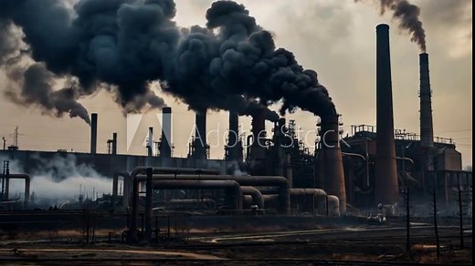 The footage shows a factory emitting thick black smoke from multiple smokestacks, highlighting the severe impact of industrial pollution on air quality.