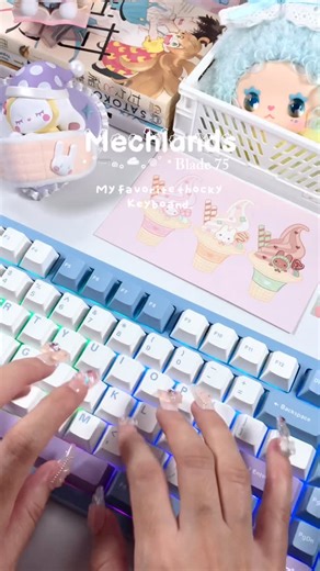 ౨ৎ FREYA🍓🎀 on Instagram: "My favorite thocky keyboard ever 🩵 So obsessed with the feel and sound of the Blade75 from @mechlands.official , it’s literally a dream to type on ⌨️☁️ 🔗 Product link is in my bio #mechlands #blade75 #mechlandskeyboard #keyboard #cutekeyboard #michanicalkeyboard #keycaps #mechkeys #keebs #keyboardasmr #asmr #typingtest #deskspace #deskdecor #desksetup #deskinspiration #deskaesthetic #deskaccessories #pinksetup #bluesetup #blueaesthetic #gamingsetup #kawaiisetup #kaw