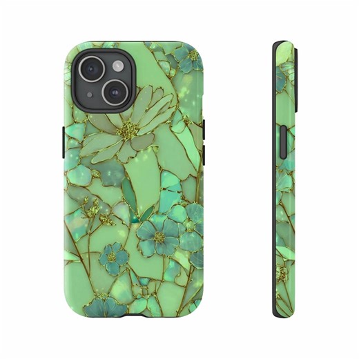Stained Glass Butterfly Phone Case, Ethereal Floral Design, Golden Outline, Mint Green and Blue Glitter, Whimsical Nature Art, Phone Cases - Etsy