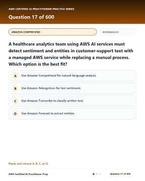AWS Certified AI Practitioner · Question 17 of 600: Amazon Comprehend