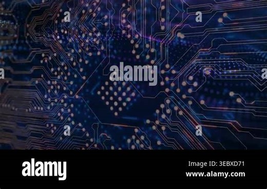 PCB pattern starting left focus, scanning right, drifting left, nodes pulsing, implying data flow. Circuit, board, diamond, pads, vias, neon, glow Stock Video Footage - Alamy
