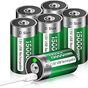 Rechargeable D Batteries 6 Pack with USB-C Charging Cable,1.5V Lithium D Size Cell Battery 15000mWh for Flashlight Toys & floodlight