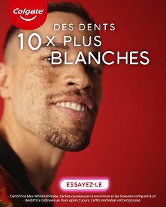Blanchit en profondeur pour des dents 10 fois plus blanches. *Taches causées par la nourriture et les boissons comparé à un dentifrice ordinaire au fluor après trois jours. L'effet immédiat est temporaire. | Colgate Belgium