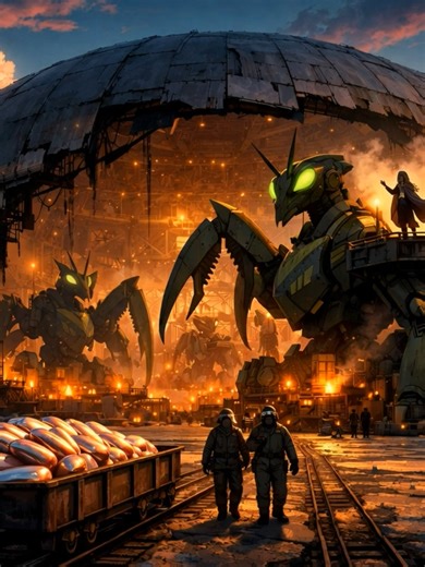 A post-apocalyptic civilization harvests aluminum cucumbers on a metallic wasteland. Giant mantis-mechs, narrow-gauge railways, a silver-haired commander, and workers in gas masks — all serving a chrome harvest no one can eat. They dance around bonfires under a painted sun. They ride steam trains to work at dawn. Someday archaeologists will find their cucumbers in a time capsule and wonder why.