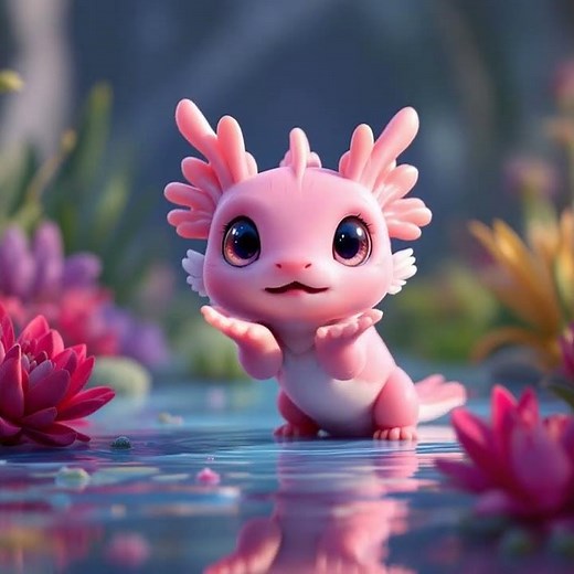 Cute Baby Axolotl Playing in the Pond Blowing Kissess