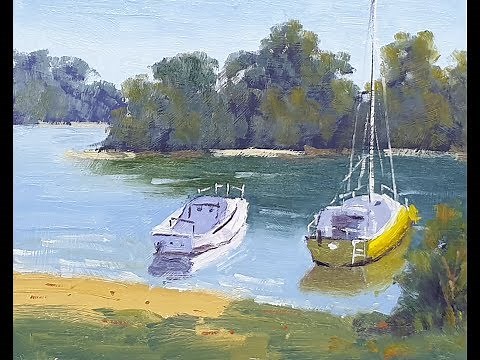 Learn To Paint TV E72 "Boats On Noosa River" Water Mixable Oil Painting For Beginners