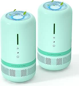 Air Purifiers for Home, 2 Pack H13 HEPA Air Purifier for Room up to 645ft², 360° Outlet, 99.97% Particle Capture for Home,Pet,Type-C Charging, Included Adapter, VF04, Green