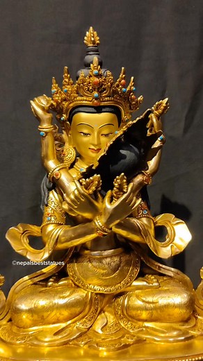 Vajradhara Yab Yum represents Vajradhara, the primordial Buddha in Tibetan Buddhism, in a Yab-Yum, or "father-mother," embrace with his female consort, often Prajnaparamita. This depiction symbolizes the union of wisdom (feminine) and compassion (masculine), essential for enlightenment. Vajradhara's arms are crossed in front of him, while the consort's arms are crossed at his back, signifying the integration of these qualities. The Yab-Yum form also represents the balance and integration of pola