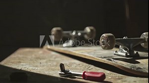 Close-up skateboard, Skateboard and wrench lies on the desktop in the workshop, Allen key or Hex key tool. Maintenance of professional skateboarding Stock Video