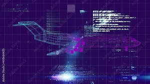 Animation of 3d airplane model spinning with data and information floating over a grid
