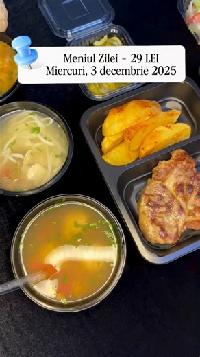 🍴 Meniul Zilei | Miercuri, 3 decembrie – 29 LEI 🔹 Ciorbă la alegere • Borș de curcan cu leuștean • Ciorbă de perișoare • Ciorbă de varză 🔹 Fel principal la alegere V1 – Ceafă de porc la grătar, cartofi wedges, salată de castraveți murați, pâine V2 – Ficăței de pui lyonnaise, pilaf de orez, salată asortată, pâine V3 – Ghiveci de legume, mămăliguță, apă minerală/plată 💧 Apă plată/minerală 1 leu 🍰 Desertul zilei 4 lei 📞 0253 22 22 29 🌐 www.anna-delivery.ro Anna Delivery – mâncarea ta prefera