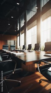A large conference room with a long table and several chairs. The chairs are black and the table is made of wood. The room is well lit and has a professional atmosphere