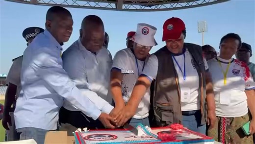 Minister for Education and Training Owen Nxumalo cuts SNAT’s 97th birthday cake alongside TUCOSWA President Bheki Mamba, SNAT President Mbongwa Dlamini, and former SNAT President Sibongile Mazibuko during the World Teachers’ Day 2025 celebrations at Mavuso Sports Centre. | Times of Eswatini