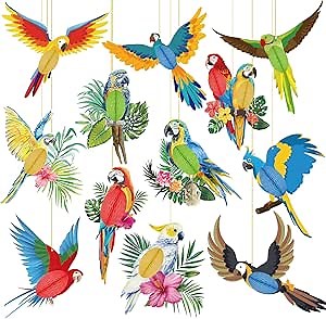12 Pieces Tropical Birds Honeycomb Parrot Paper Cutouts Hawaiian Themed Luau Tropical Party Decorations for Tiki Bar Summer Beach Jungle Safari Rainforest Theme Birthday Home Classroom Decor Supplies