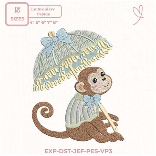 Cute Monkey With Umbrella Embroidery Design, Vintage Animal Nursery Machine Embroidery File, Preppy Baby Monkey Embroidery Pattern - Etsy