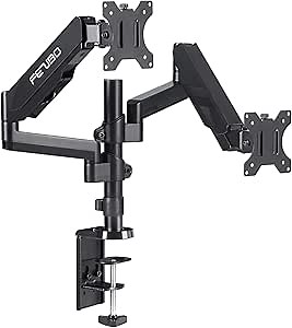 FEZIBO Daul Monitor Stand - Articulating Gas Spring Monitor Arm, Adjustable VESA Mount Desk Stand with C-Clamp Installation (Dual monitors with Pole)