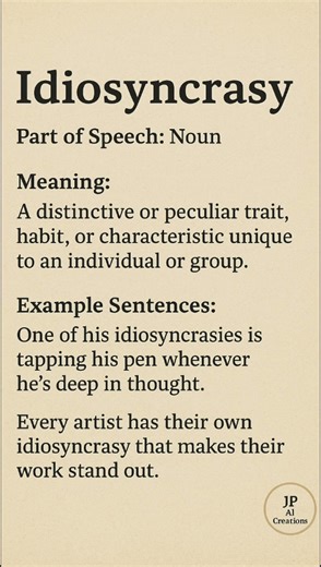 Idiosyncrasy (/ˌɪd.i.əˈsɪŋ.krə.si/) (Noun): A distinctive or peculiar trait, habit, or...