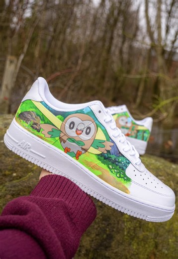 Let’s paint some custom Pokémon shoes together. 🌿 I love when people request specific Pokémon for a custom pair because everyone has such different favourites but Rowlet might be one of the cutest design requests I’ve had. I knew this pair was going to be super colourful and I wanted a bright, green forest scene across the shoes to match Rowlet’s grass type vibe (he deserves to thrive okay? 🙂‍↔️) I think these turned out soo cute, especially the sleepy one. If you could only pick one Pokémon f