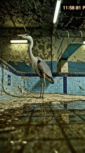 Unsettling CCTV: Heron Moving Out of Sync in Abandoned Pool (Glitch Footage) #shorts