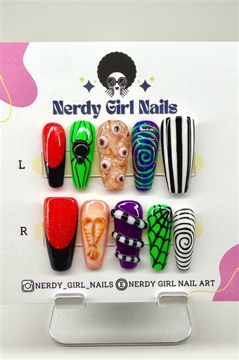 1980s Spooky Tim Burton Inspired Halloween Hand Painted Press on Nails | Handmade Cosplay Nail Art - Etsy
