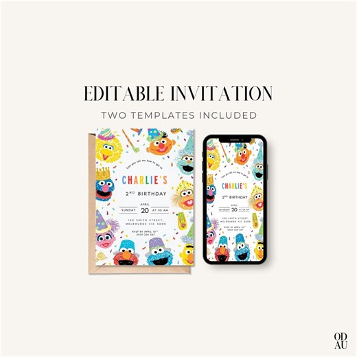 Sesame Street Invitation Editable Elmo Birthday Card Digital Invite Kids Party Sesame Template Instant Download Canva Instant Download Bday - Etsy